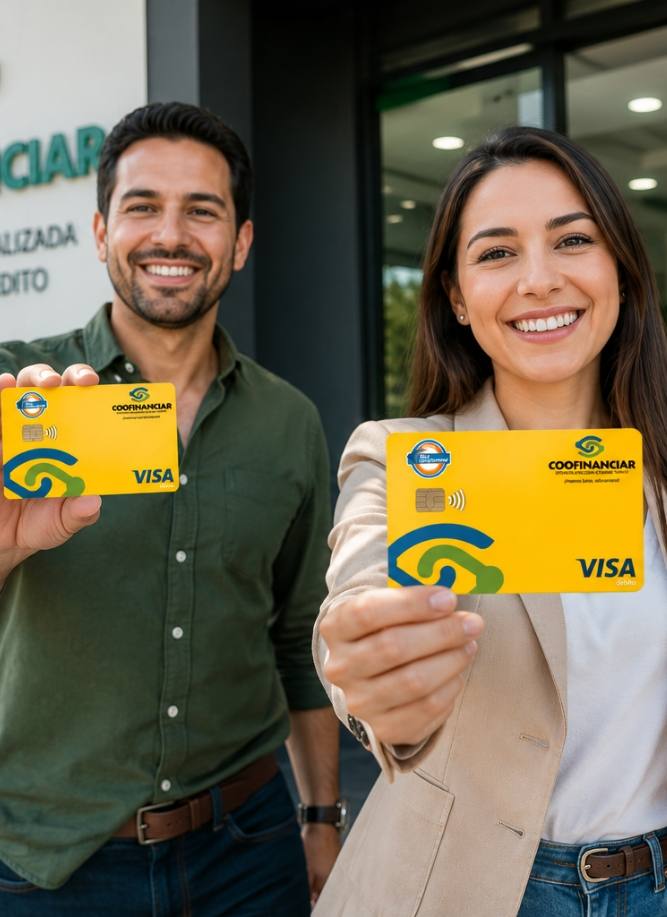Asociados de Coofinanciar mostrando sus tarjetas debito Visa Electron